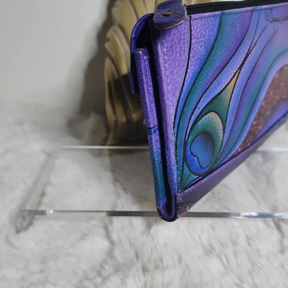 Anna by Anuschka Hand Painted Leather  Clutch Wallet "Dreamy Peacock Dewberry" - Picture 4 of 8